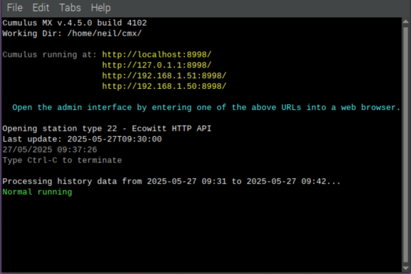 The rPi Terminal window running CumulusMX 